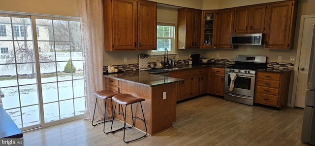 kitchen with sink, kitchen peninsula, stainless steel appliances, and a healthy amount of sunlight