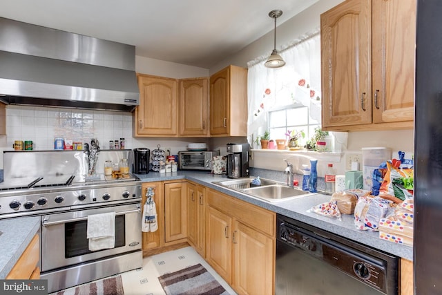 kitchen with dishwasher, wall chimney exhaust hood, range with two ovens, sink, and hanging light fixtures