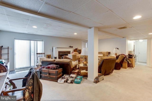 bedroom featuring carpet floors and a drop ceiling