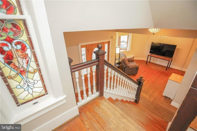 staircase featuring wood-type flooring