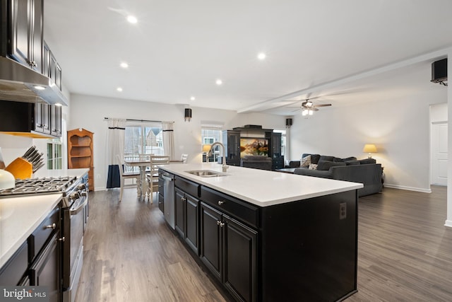 kitchen featuring an island with sink, appliances with stainless steel finishes, sink, and dark wood-type flooring