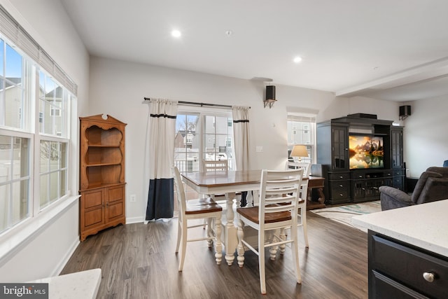 dining space with dark wood-type flooring