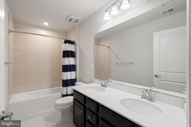 full bathroom featuring shower / bathtub combination with curtain, vanity, toilet, and tile patterned flooring