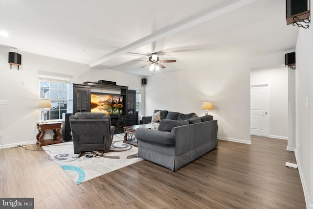 living room with hardwood / wood-style floors, beam ceiling, ceiling fan, and a multi sided fireplace