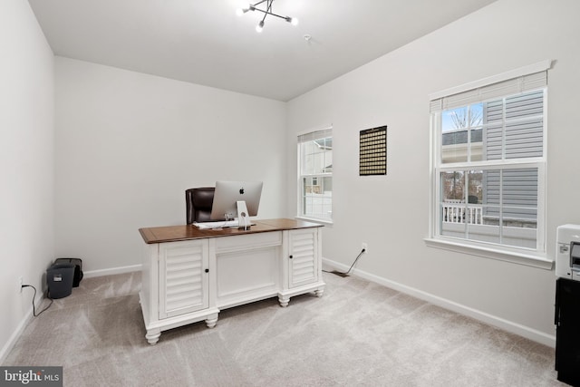 home office featuring light colored carpet