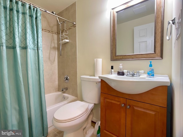 full bathroom featuring toilet, shower / tub combo, and vanity