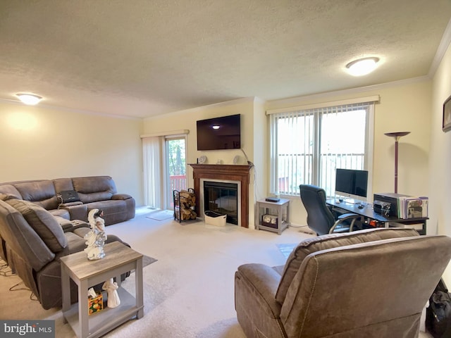 living room featuring light carpet, a textured ceiling, and ornamental molding