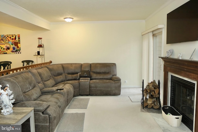 carpeted living room with crown molding