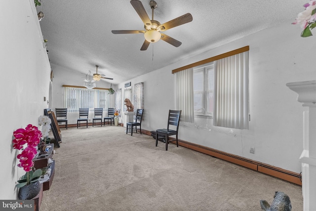 unfurnished room featuring carpet floors, a baseboard radiator, a textured ceiling, and lofted ceiling