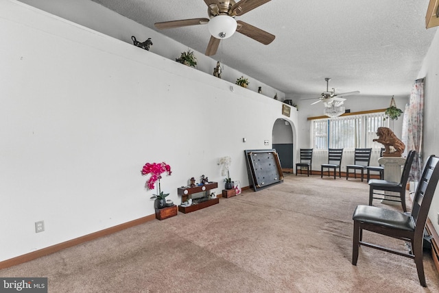 sitting room with lofted ceiling, baseboards, carpet floors, and a textured ceiling