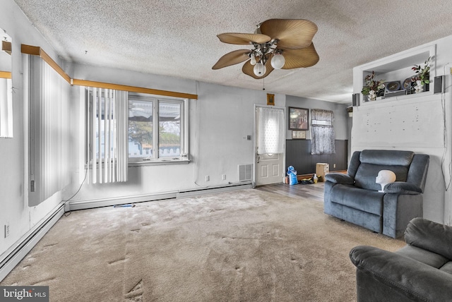 carpeted living area with a textured ceiling, a baseboard radiator, and visible vents