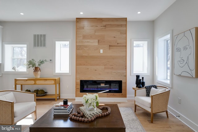 living room with a large fireplace and light hardwood / wood-style flooring