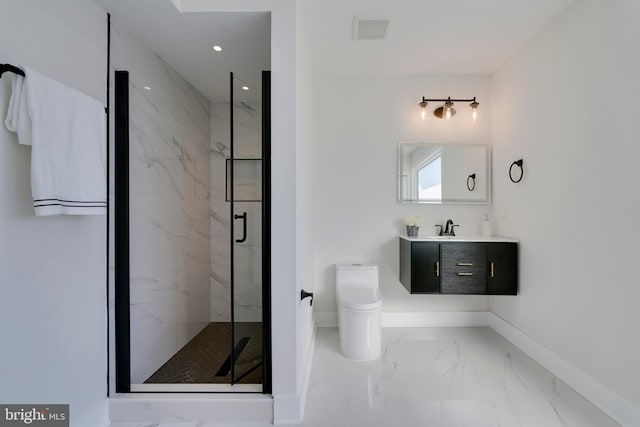 bathroom with toilet, walk in shower, and vanity