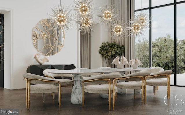 dining space with floor to ceiling windows and an inviting chandelier