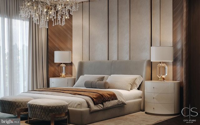 bedroom with an inviting chandelier and wood walls