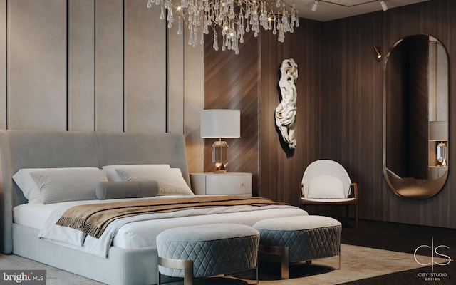 bedroom with an inviting chandelier, track lighting, and wooden walls