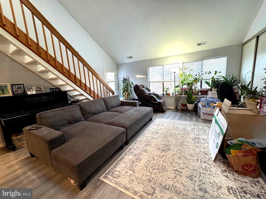 living room with wood-type flooring and lofted ceiling