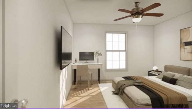 bedroom featuring ceiling fan and light hardwood / wood-style floors