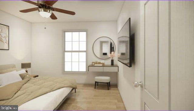 bedroom featuring ceiling fan and light wood-type flooring