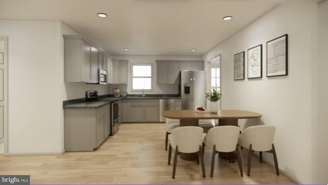 kitchen featuring stainless steel appliances, gray cabinets, and light hardwood / wood-style flooring