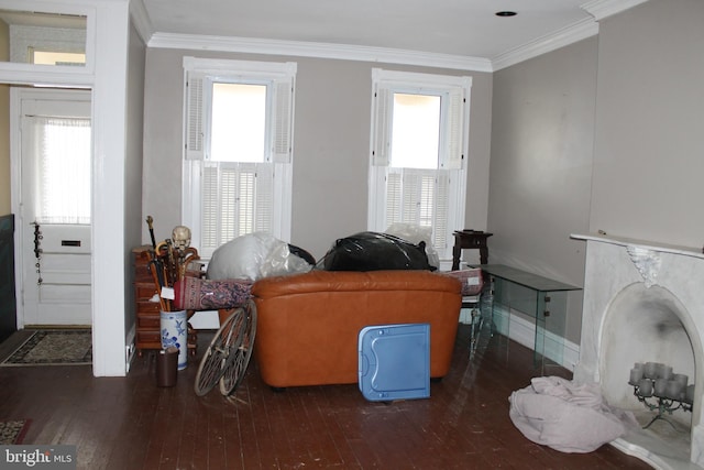 living room with dark hardwood / wood-style flooring and ornamental molding