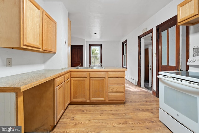 kitchen featuring baseboard heating, white electric range oven, light hardwood / wood-style floors, sink, and kitchen peninsula