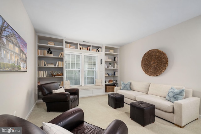 living room with light colored carpet