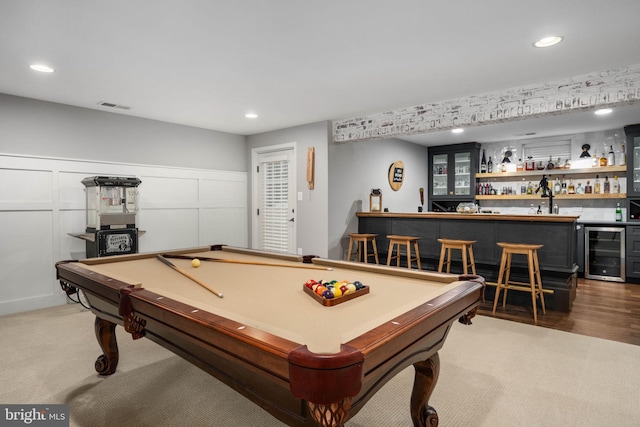 game room featuring billiards, bar, and beverage cooler