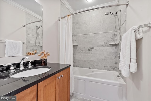 bathroom featuring vanity, crown molding, and shower / tub combo with curtain