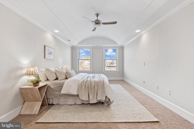 bedroom featuring ceiling fan, ornamental molding, and light carpet