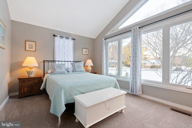 carpeted bedroom with vaulted ceiling