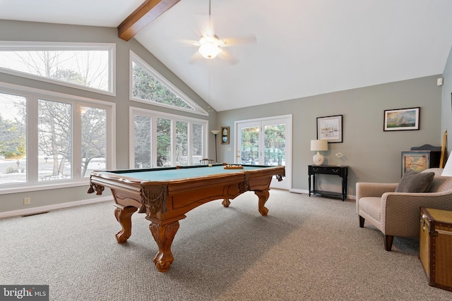 recreation room featuring light carpet, a healthy amount of sunlight, beamed ceiling, and high vaulted ceiling