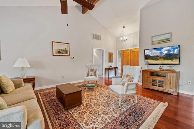 living room featuring a chandelier, beamed ceiling, dark wood-type flooring, and high vaulted ceiling