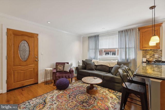 living room featuring crown molding and light hardwood / wood-style floors