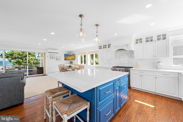 kitchen with light wood-type flooring, white cabinetry, blue cabinetry, and tasteful backsplash