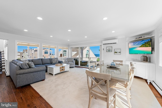 living room featuring baseboard heating, crown molding, hardwood / wood-style flooring, and an AC wall unit