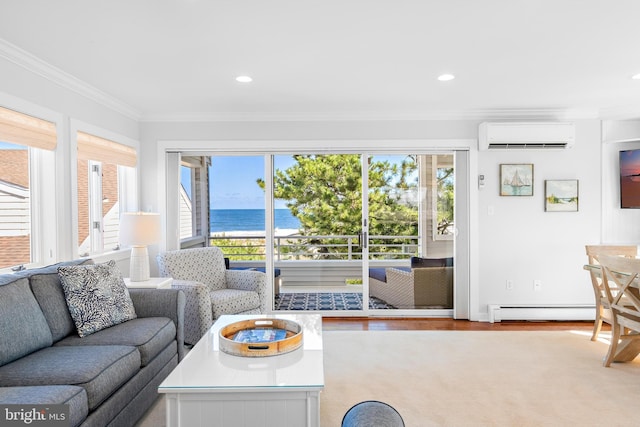 living room with a water view, a wall mounted air conditioner, crown molding, and a baseboard radiator