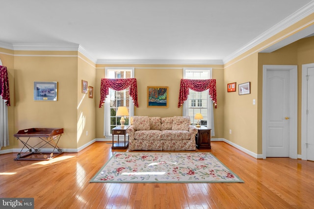 living room featuring light hardwood / wood-style floors and crown molding