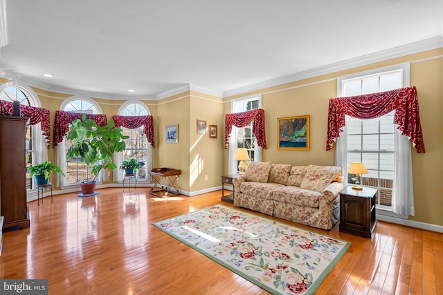 living room featuring light hardwood / wood-style flooring and ornamental molding