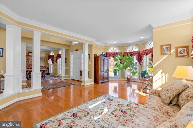 living room featuring hardwood / wood-style flooring, crown molding, and decorative columns