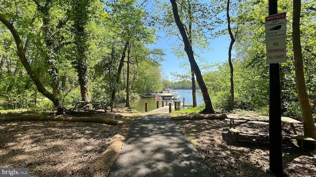 view of home's community with a water view and a dock