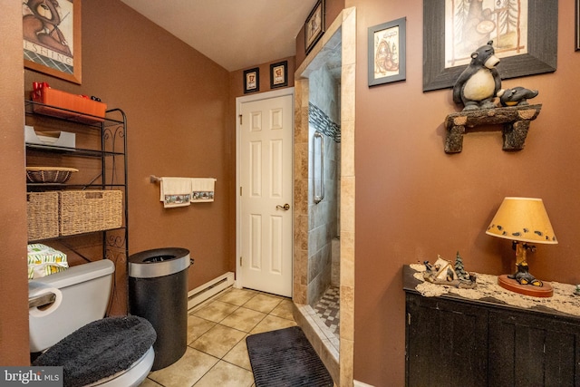 bathroom with walk in shower, baseboard heating, tile patterned floors, and toilet