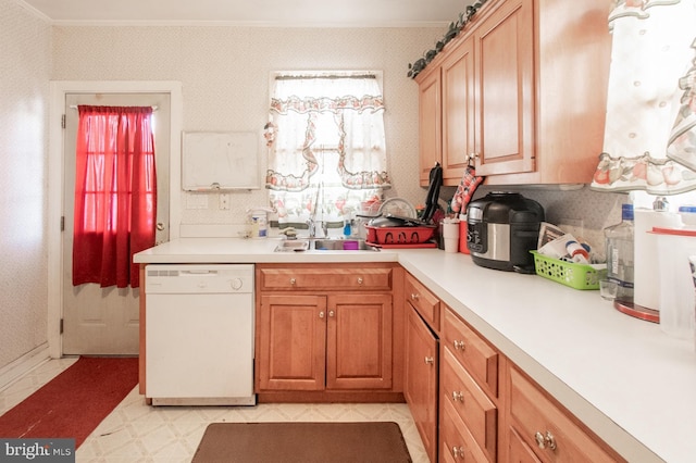 kitchen featuring white dishwasher, sink, and crown molding