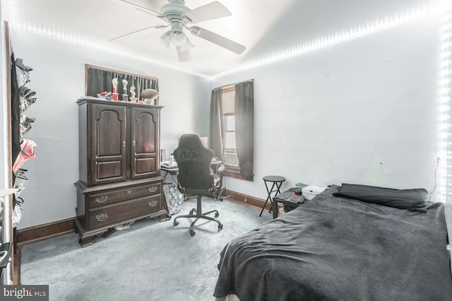 bedroom with light colored carpet and ceiling fan