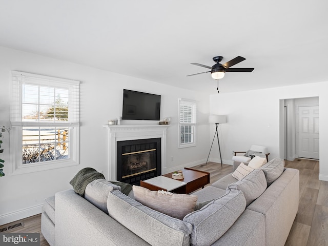 living room featuring ceiling fan and hardwood / wood-style floors