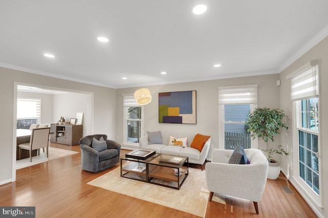 living room featuring ornamental molding and light hardwood / wood-style floors