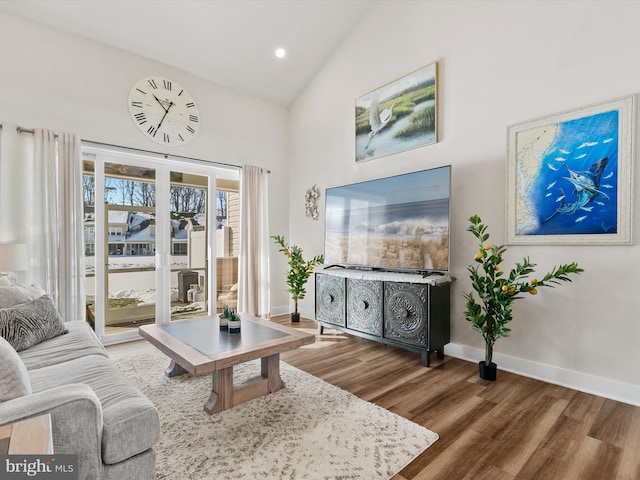 living room with high vaulted ceiling and hardwood / wood-style floors