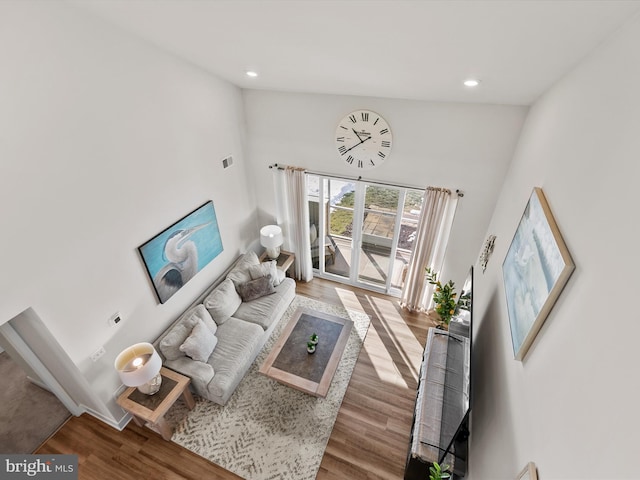 living room with wood-type flooring and a towering ceiling