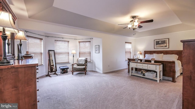 carpeted bedroom with a raised ceiling and multiple windows