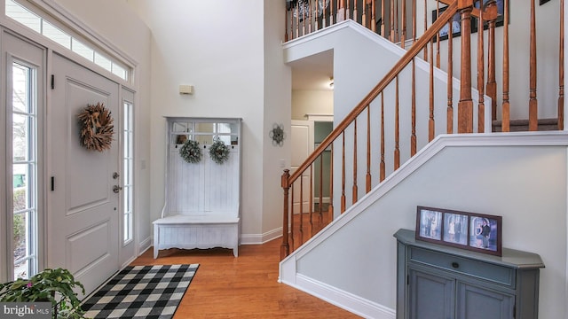 foyer featuring plenty of natural light, a high ceiling, and light hardwood / wood-style floors